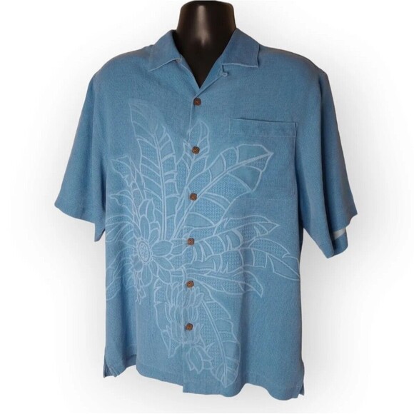 Montego Mon Blue Silk Embroidered Hawaiian Flowers Shirt Men's Sz S Short Sleeve - Picture 12 of 12